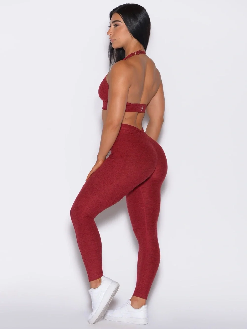 Bombshell Sportswear Garnet Red V Back Leggings & Backless Halter Bra Set